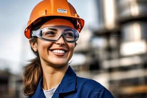 cerca arriba retrato hembra industrial robótica ingeniero participación walkie película sonora y tableta mirando a cámara. mujer técnico moderno fábrica 4.0, técnico supervisor de el robot generativo ai foto