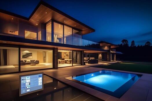 External view of a contemporary house with pool at dusk photo