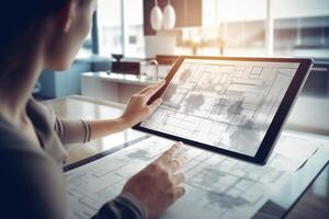 Team of engineering or architect meeting and discussing on blueprint and building model while checking information on sketching for architectural project. photo