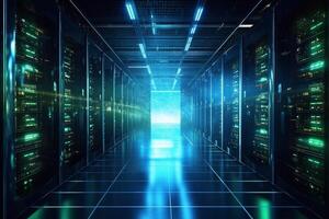 Dark servers data center room with storage systems and digital graphs and charts 3D rendering photo