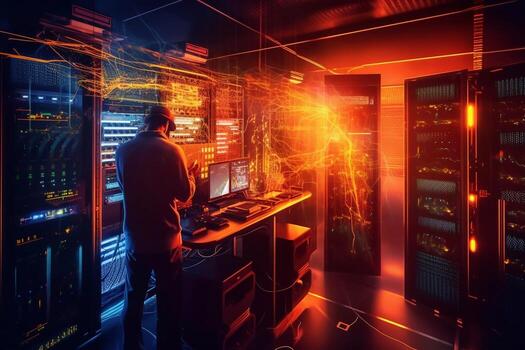 Experiencing virtual technology world. Mixed media photo