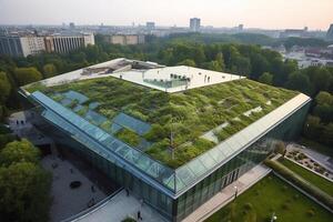 Sustainble green building. Eco-friendly building. Sustainable glass office building with tree for reducing carbon dioxide. Office with green environment. Corporate building reduce CO2. photo
