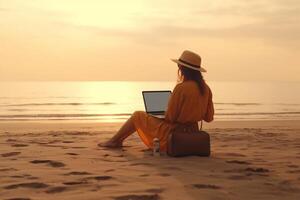 young woman working with a laptop on nature in summer beach Generative AI photo