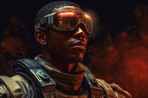 Close-up of a soldier using high-tech sunglasses with holographic display photo