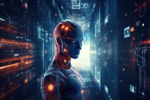 White woman cyborg on blurred background using digital chart interface 3D rendering photo