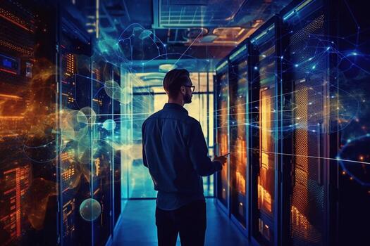 Experiencing virtual technology world. Mixed media photo