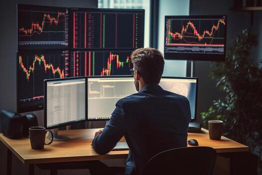 Back view of bearded young businessman woking with graph and charts on computer photo