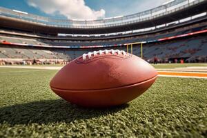 American football stadium full of fans in the stands with ball ready for kickoff or field goal on the field. Deliberate focus on foreground and copy space. Generative AI photo