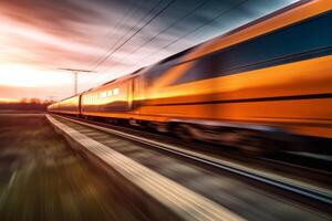 train in motion on the railway station at sunset. Modern intercity passenger train with motion blur effect on the railway platform. Industrial. Railroad and blurred background photo