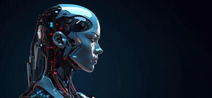 Robot on a modern city background. A concept of artificial intelligence for the industrial revolution and the automation of manufacturing processes. photo