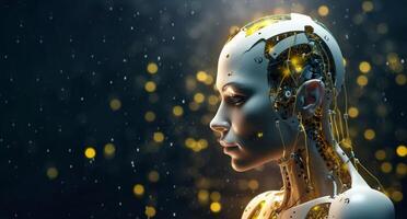 White woman cyborg on blurred background using digital chart interface 3D rendering photo
