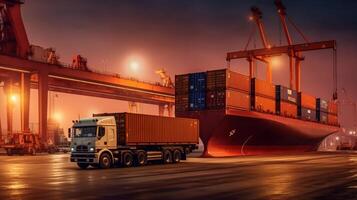 Container truck in ship port for business Logistics and transportation of Container Cargo ship and Cargo plane with working crane bridge in shipyard at sunrise, logistic import export photo