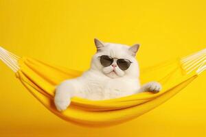 gracioso blanco gato en Gafas de sol mentiras en un tela hamaca en un amarillo antecedentes. generativo ai foto