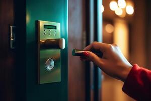 Locking smartlock on the entrance door using a smart phone remotely. Concept of using smart electronic locks with keyless access photo