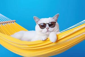Cute white british cat wearing sunglasses on yellow fabric hammock, isolated on blue background. photo