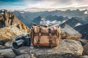 Professional photography equipment on rocky river coast Generative AI photo