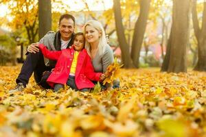 contento familia es sentado en hermosa otoño parque foto