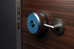 Smart Digital touch screen keypad access by entering pass code digits, Electronic digital door handles on wood door Hotel or apartment door, future modern safety security technology more safe secure photo