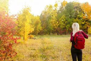 girl with a backpack in the autumn park photo