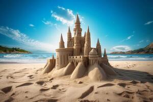 Sandcastle beach on bright sky. 3d rendering photo