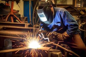 Welder on steel structure in factory photo