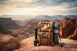 Professional photography equipment on rocky river coast Generative AI photo