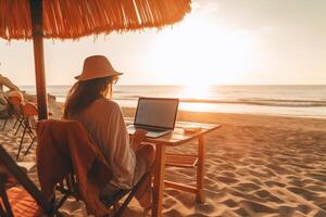 young woman working with a laptop on nature in summer beach Generative AI photo