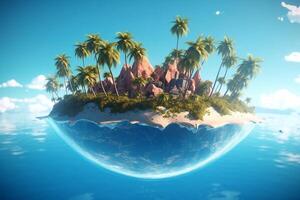 3D illustration blue tropical background of the sea in summer blurred with palm leaves and sunshine. Sea and sky with white clouds Summer holiday photo