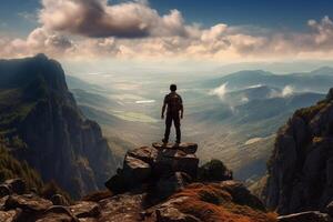 Back view of male manager carrying a suitcase while standing on the hills and looking at misty mountain. Shot at sunrise time photo