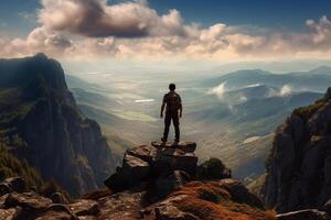 espalda ver de masculino gerente que lleva un maleta mientras en pie en el colinas y mirando a brumoso montaña. Disparo a amanecer hora generativo ai foto