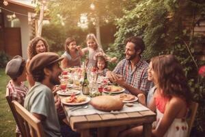 Group of Multiethnic Diverse People Having Fun, Sharing Stories with Each Other and Eating at Outdoors Dinner Party. Family and Friends Gathered Outside Their Home on a Warm Summer . photo