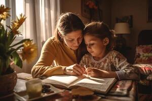 happy family mother and daughter read a book in the evening at home Generative AI photo