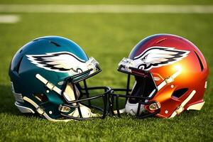 American football helmets at the artificial grass playing field Generative AI photo