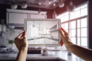 Caucasian business hands holding and working on tablet photo