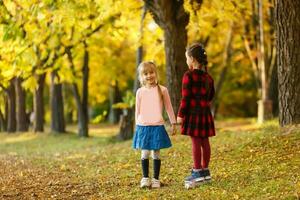 dos pequeño niña amigos Chica de escuela en el parque. foto