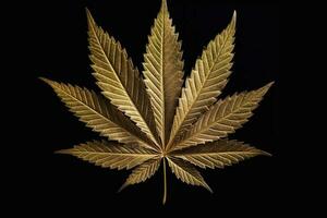 Golden marijuana leaf. Hand drawn narcotic cannabis design element. Hemp illustration isolated over black background. Generative AI photo