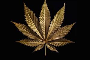 Golden marijuana leaf. Hand drawn narcotic cannabis design element. Hemp illustration isolated over black background. photo
