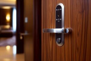 Wood door with smart lock, touch screen keypad and fingerprint, key less access Generative AI photo