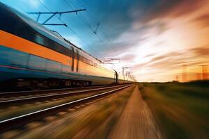 High-speed train rides supersonic with a hot burning nose front. photo