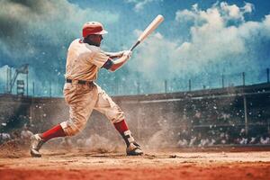 béisbol jugadores en acción en el estadio. generativo ai foto