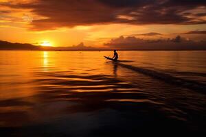 Surfing at Sunset. Young Man Riding Wave at Sunset. Outdoor Active Lifestyle. photo