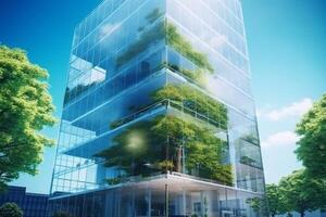 Sustainble green building. Eco-friendly building. Sustainable glass office building with tree for reducing carbon dioxide. Office with green environment. Corporate building reduce CO2. Generative AI photo