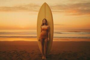 Surf girl at the sunset Generative AI photo
