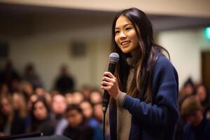 Young hispanic woman reporter working using microphone at street Generative AI photo