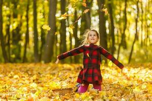 Beautiful little girl with autumn leaves outdoors photo