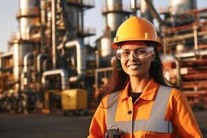 Close up portrait female industrial robotics engineer holding walkie talkie and tablet looking at camera. woman technician modern factory 4.0, Technical supervisor of the robot Generative AI photo