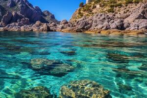 Spain Majorca Mallorca, mediterranean sea coast seaside of Peguera beach, Platja palmira. photo