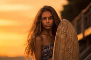 Surf girl at the sunset Generative AI photo