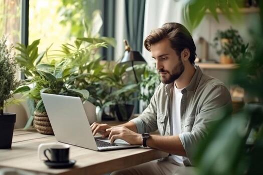 joven hombre trabajos a un computadora en el oficina. persona de libre dedicación trabajando desde un ordenador portátil. negocio, educación concepto. generativo ai foto