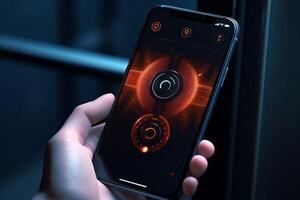 Locking smartlock on the entrance door using a smart phone remotely. Concept of using smart electronic locks with keyless access photo